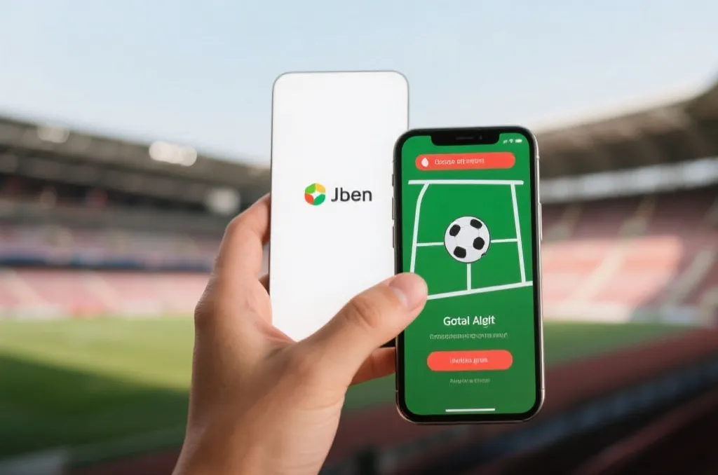 A smartphone display showing a clean sports app push notification about a goal alert with blurred football stadium in the background