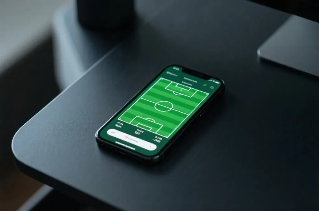 A smartphone screen displaying a generic soccer pitch map with real-time matching statistics, placed on a modern dark desk, editorial style